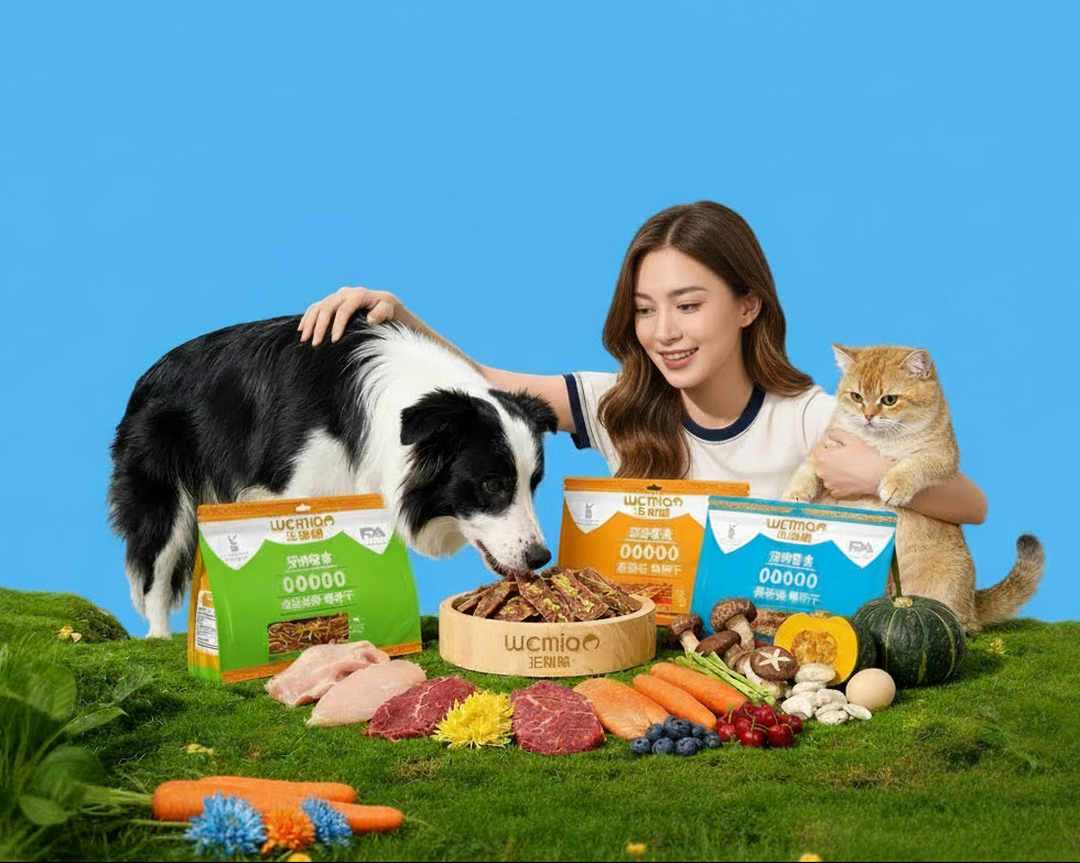 Woman with a dog and cat, surrounded by pet food and ingredients, with Wcmiao Wang Cai Meow branding.Replace the Chinese woman in the picture with an American woman.Remove the QR code from the image.