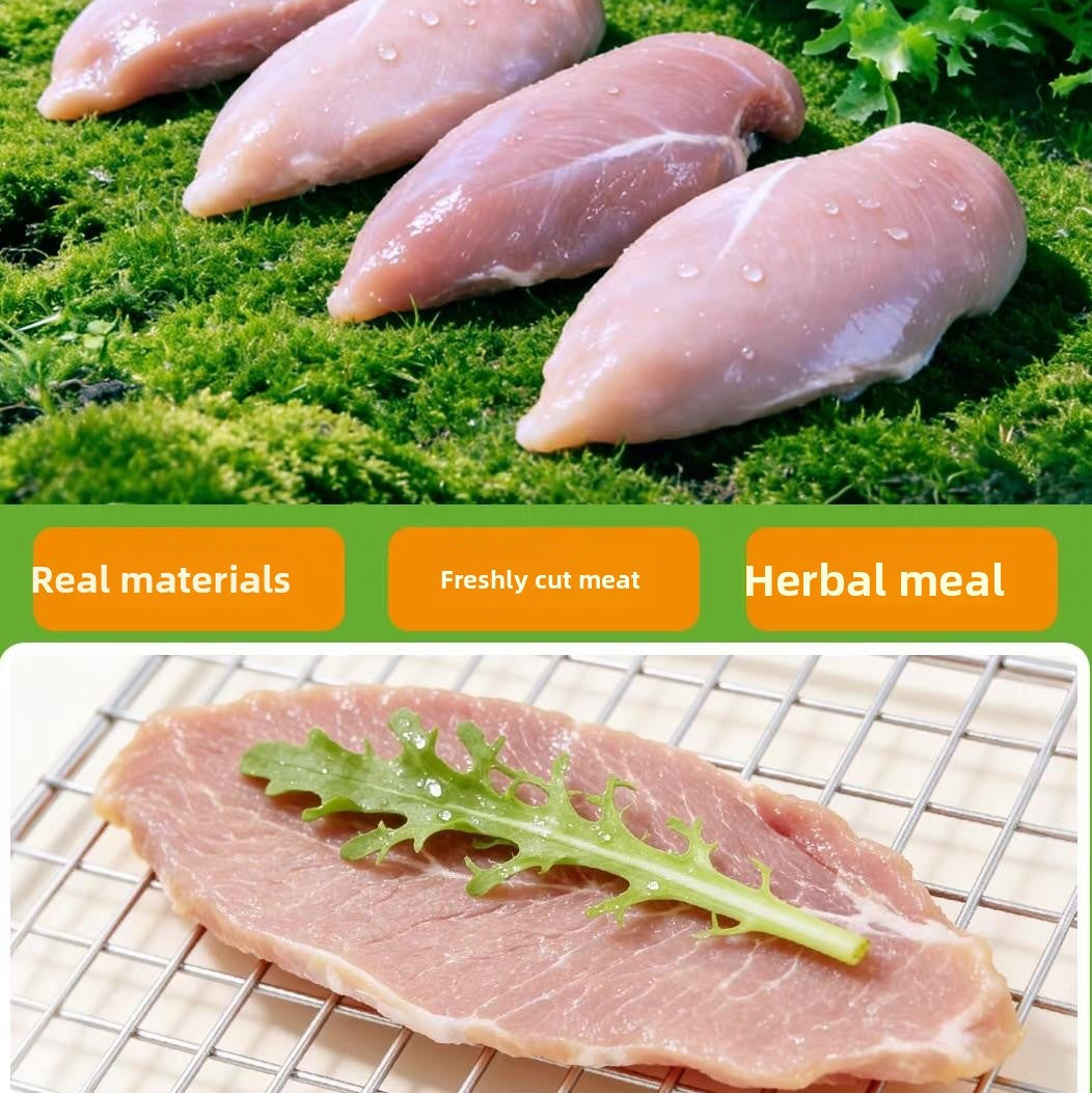 Raw duck breast on a grassy background with branding text.