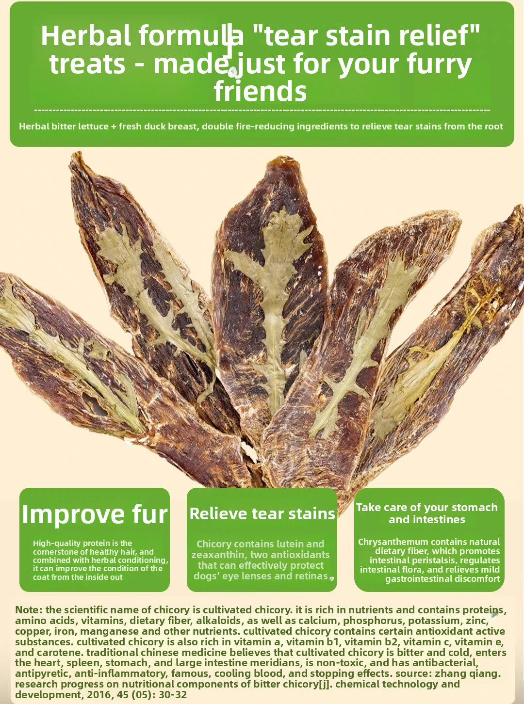 Herbal formula for tear stain relief with images of dried herbs on a beige background.