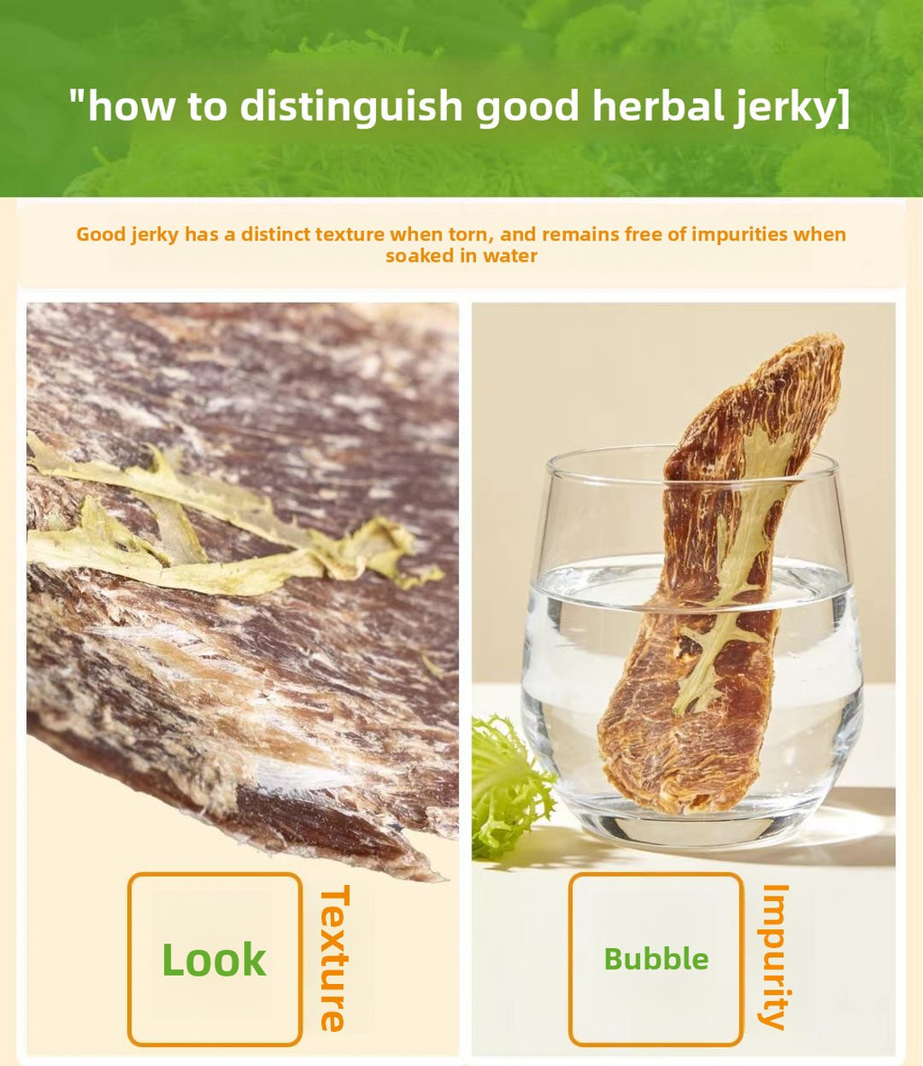 Instructional image on distinguishing good herbal jerky with text and visual examples.
