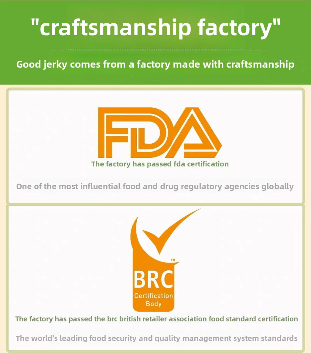 Advertisement for a jerky factory with FDA and BRC certification logos on a green and white background.